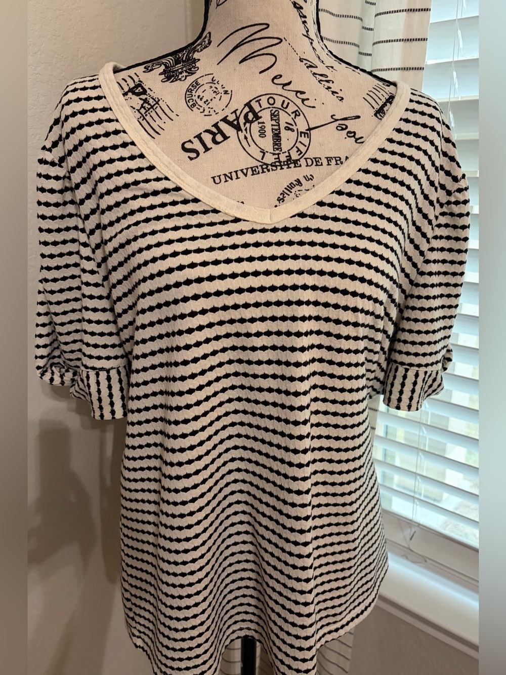 Cato Black and Cream Striped V-Neck Short Sleeve Top